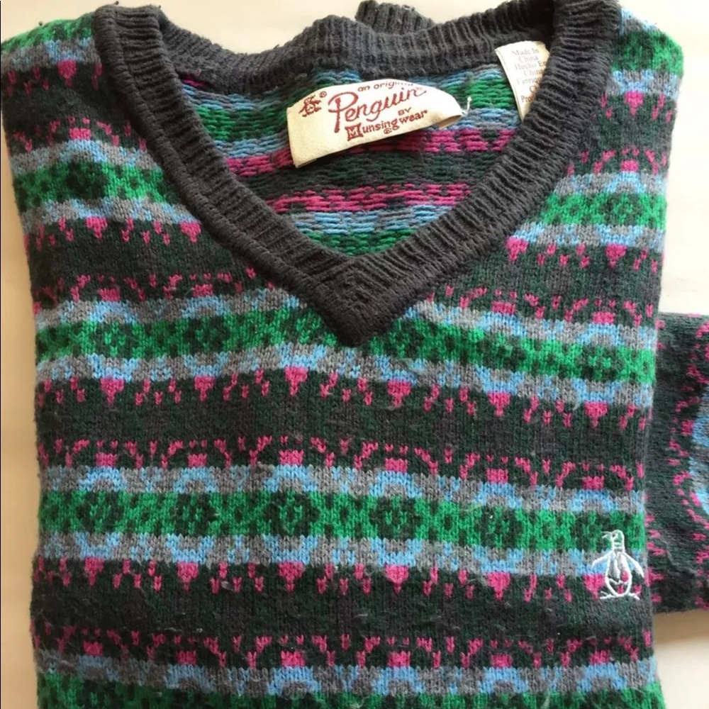 Penguin Munsingwear Men V-Neck Sweater L/S Tribal Blue Green Brown Cotton Small